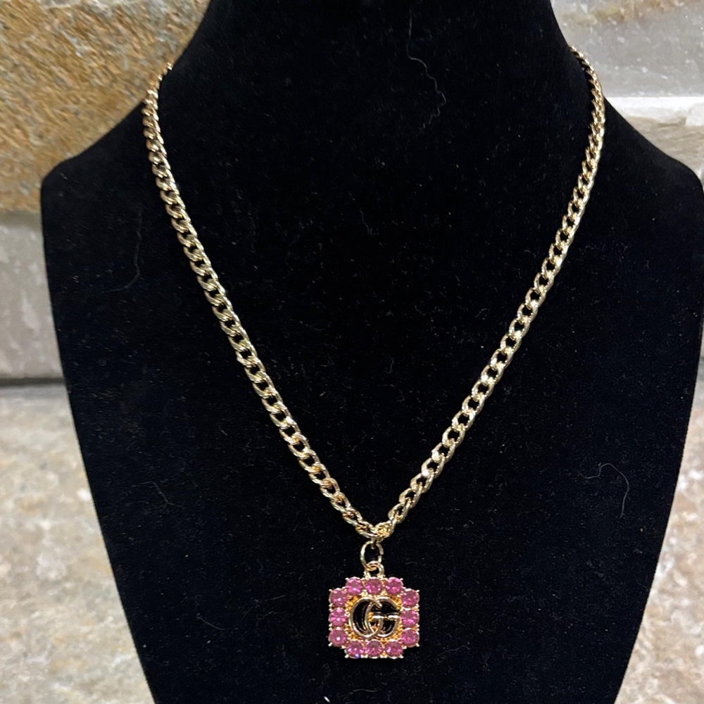 Gold and Pink Crystal GG Pendant Necklace